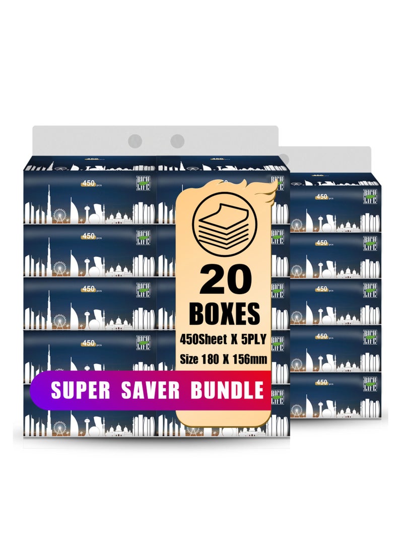 Rich Life Facial Tissue - Premium Quality 5-Ply - 450 Sheets | 20 Value Packs | Soft, Durable & Moisture Proof | 100% Raw Wood Pulp - Ideal for Wet & Dry | Available in 5 to 100 Packs  - Image 1