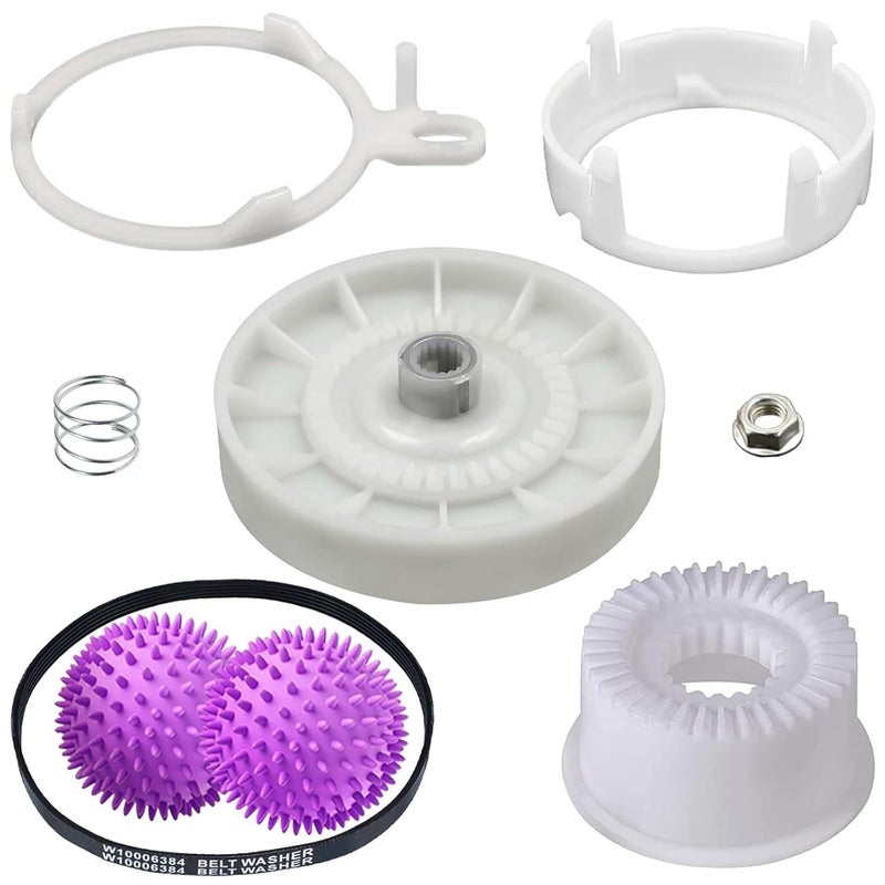 Dinghosen Upgraded W10721967 Washer Pulley Clutch Kit wr Laundry Dryer Balls & W10006384 Washer Drive Belt for Whirlpool, Kenmore, Maytag Washing Machine Replace W10721967, W10006356, AP5951296, W10315818 - Image 1
