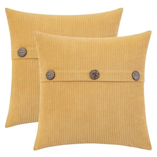 HWY 50 Mustard Yellow Chenille Throw Pillow Covers 18x18 Inch with Triple Buttons Soft Farmhouse Accent Decorative Cushion Cases for Couch Sofa Bed Living Room Pack of 2 - Image 1
