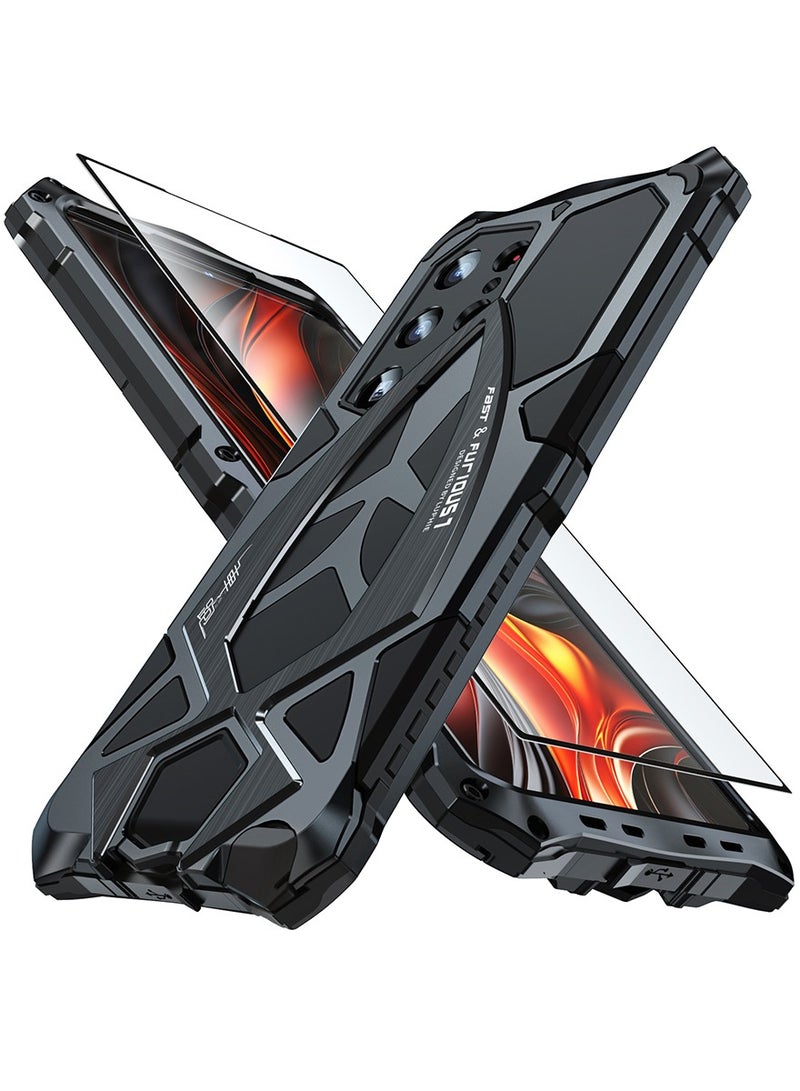 Metal Armor for Samsung Galaxy S25 Ultra Case, with Tempered Glass Screen Protector, Shockproof, Black - Image 1