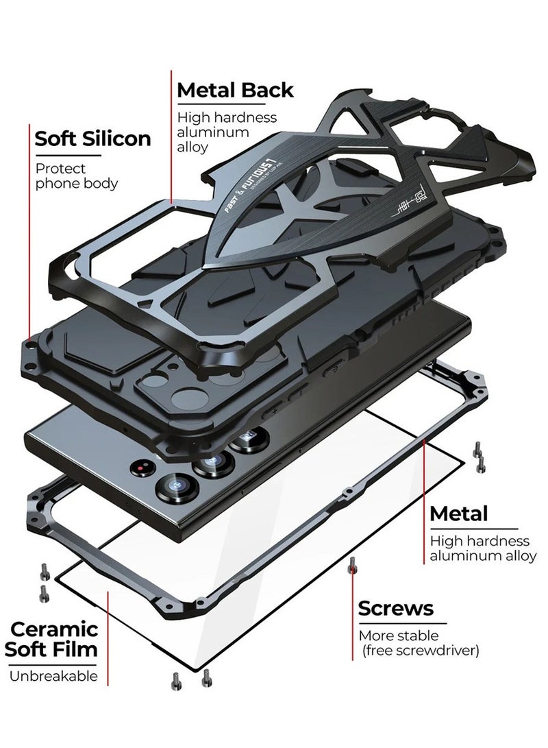Metal Armor for Samsung Galaxy S25 Ultra Case, with Tempered Glass Screen Protector, Shockproof, Black - Image 3