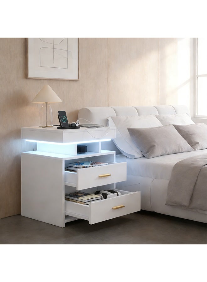 خزانة سرير جانبية، طاولة سرير ذكية مع منفذ USB و Type-C، شحن لاسلكي وإضاءة LED بخمسة ألوان، طاولة تخزين بـ 2 درج (CT060 - أسود) - Image 1