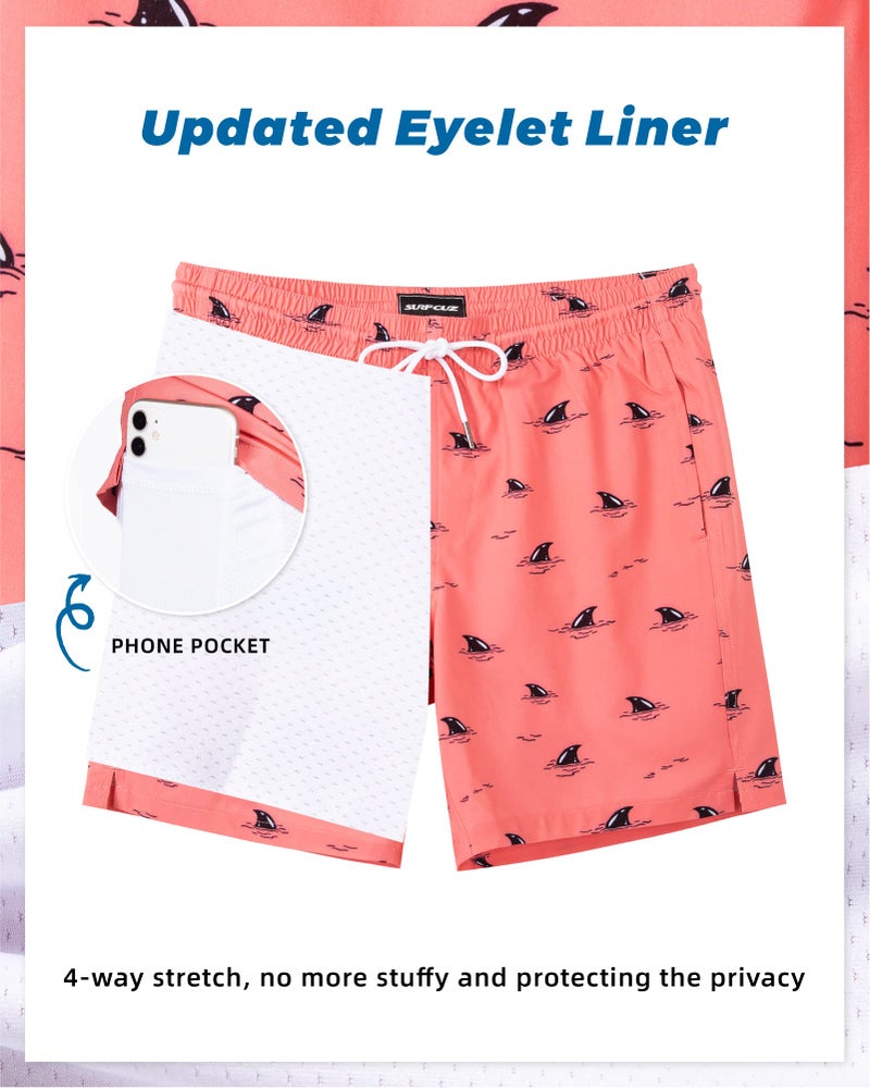 SURF CUZ Mens Swim Trunks with Compression Liner Quick Dry Swim Shorts 7" Swimming Trunks Stretch Zipper Pockets Pink Hidden Sharks Large - Image 2