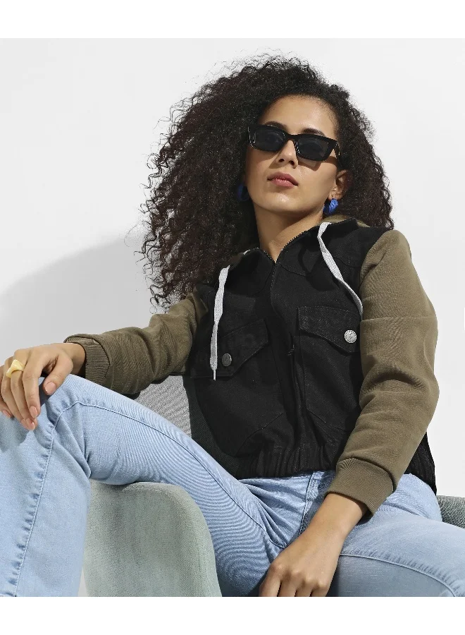 Pinacolada  Women's Black & Olive Green Denim Jacket With Sweatshirt Sleeve for Women | Best Price UAE