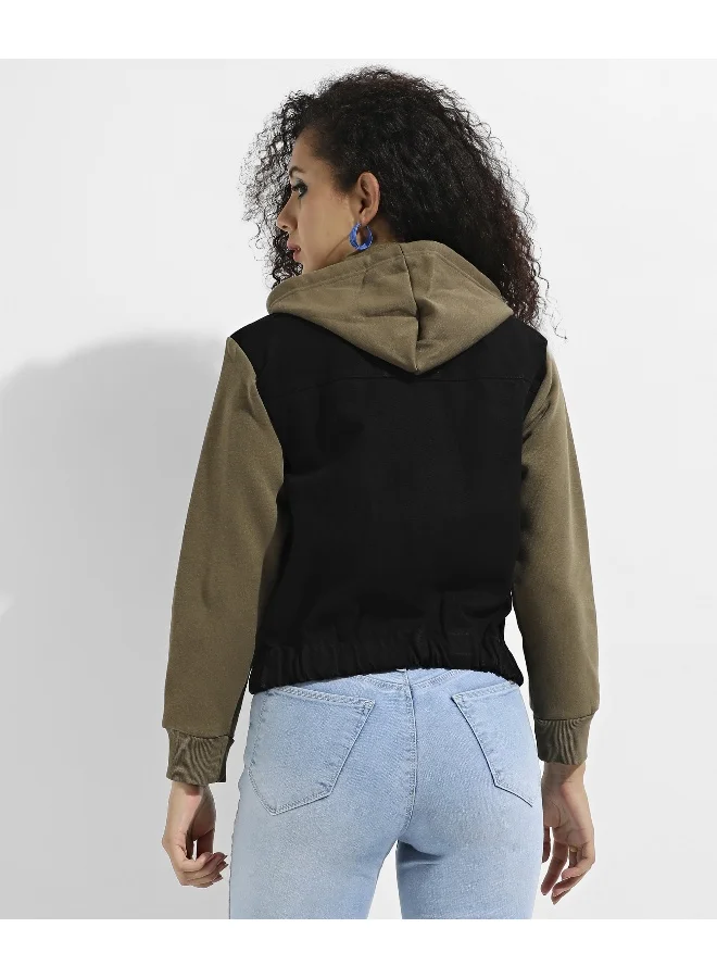 Pinacolada  Women's Black & Olive Green Denim Jacket With Sweatshirt Sleeve for Women | Best Price UAE