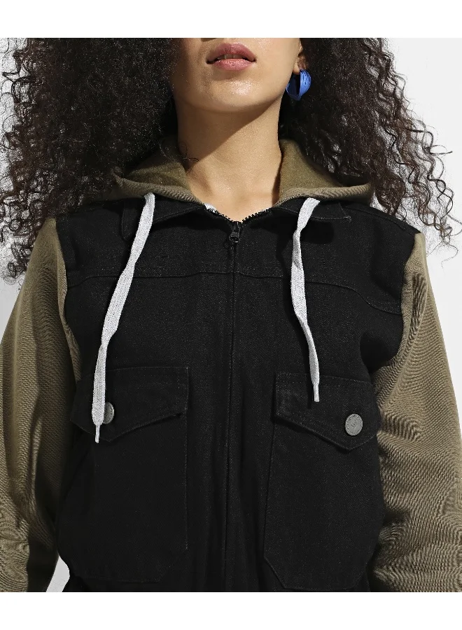 Pinacolada Women's Black & Olive Green Denim Jacket With Sweatshirt Sleeve