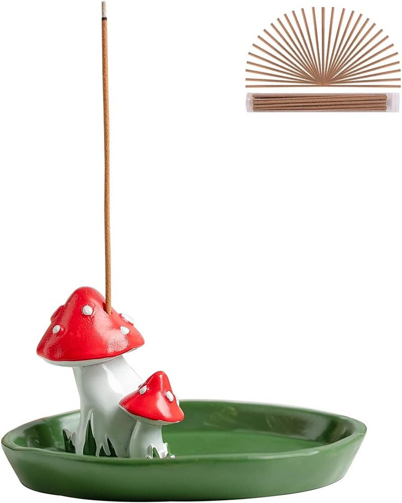 CHUNCHE Cute Mushroom Incense Holder with 30 Incense Sticks, Handmade Resin Burner, Nature Theme Incense Tray, Adorable Home Decoration Accessories(Green) - Image 1