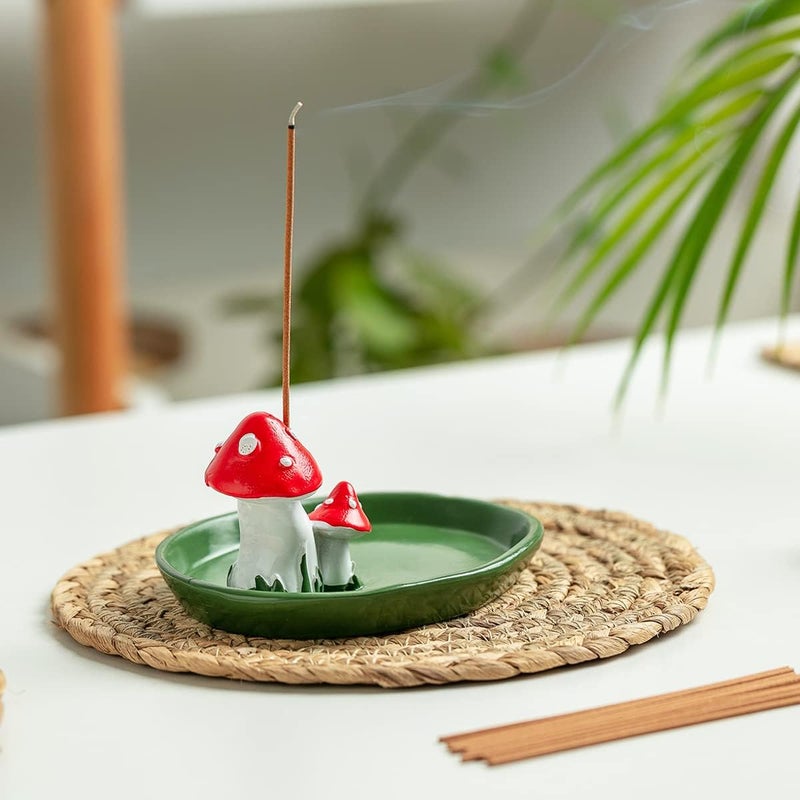 CHUNCHE Cute Mushroom Incense Holder with 30 Incense Sticks, Handmade Resin Burner, Nature Theme Incense Tray, Adorable Home Decoration Accessories(Green) - Image 5