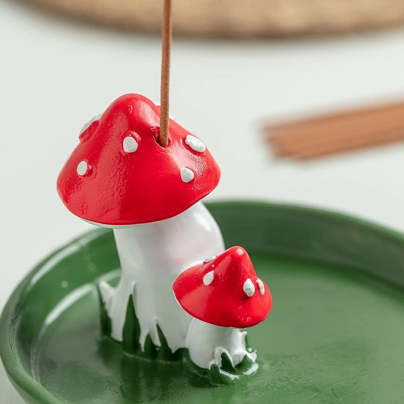 CHUNCHE Cute Mushroom Incense Holder with 30 Incense Sticks, Handmade Resin Burner, Nature Theme Incense Tray, Adorable Home Decoration Accessories(Green) - Image 4