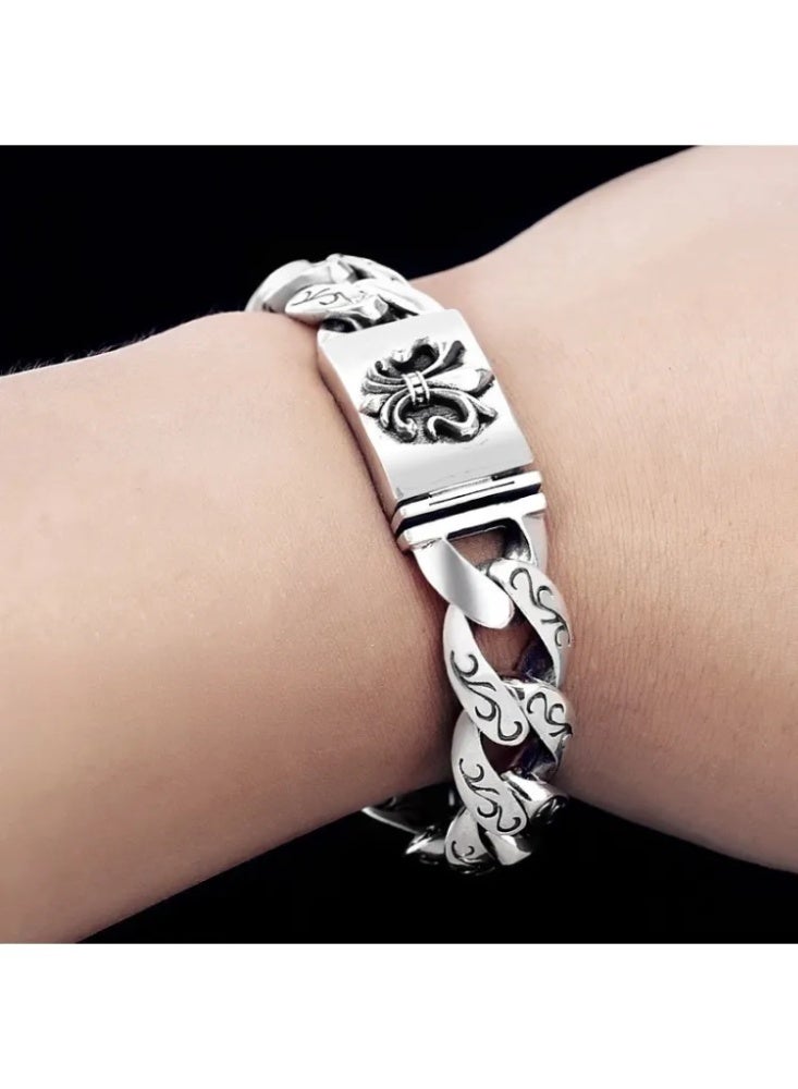 925 silver men's bracelet, Thai silver retro small gold flower bracelet - Image 4