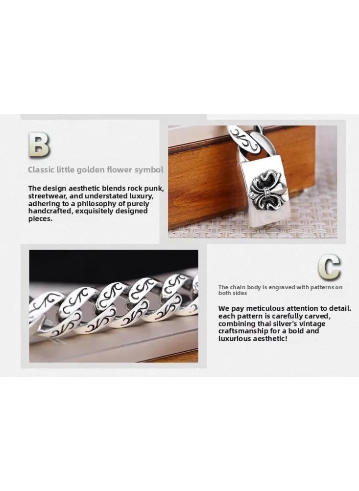 925 silver men's bracelet, Thai silver retro small gold flower bracelet - Image 5