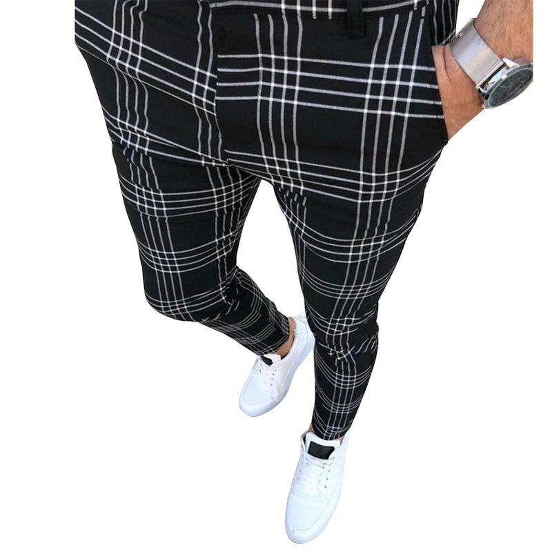 Percle Men's Slim Fit Dress Pants Plaid Stretch Pants Skinny Slack Business Casual Pants Black - Image 2
