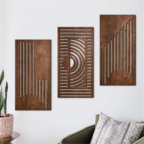 Jocaluyia 3 Pcs Geometric Wood Wall Art Decor, Wooden Minimalist Wall Hanging Decor, 3D Hollow Carved Craft Art Set, Boho Abstract Wall Sculptures Panels Decoration for Home Living Room Bedroom Kitchen (B) - Image 5