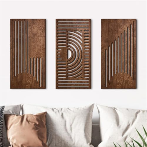 Jocaluyia 3 Pcs Geometric Wood Wall Art Decor, Wooden Minimalist Wall Hanging Decor, 3D Hollow Carved Craft Art Set, Boho Abstract Wall Sculptures Panels Decoration for Home Living Room Bedroom Kitchen (B) - Image 4