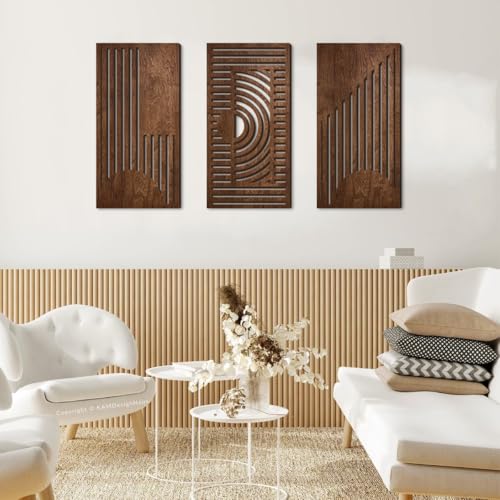 Jocaluyia 3 Pcs Geometric Wood Wall Art Decor, Wooden Minimalist Wall Hanging Decor, 3D Hollow Carved Craft Art Set, Boho Abstract Wall Sculptures Panels Decoration for Home Living Room Bedroom Kitchen (B) - Image 3