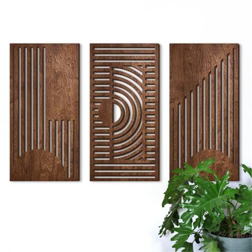 Jocaluyia 3 Pcs Geometric Wood Wall Art Decor, Wooden Minimalist Wall Hanging Decor, 3D Hollow Carved Craft Art Set, Boho Abstract Wall Sculptures Panels Decoration for Home Living Room Bedroom Kitchen (B) - Image 1