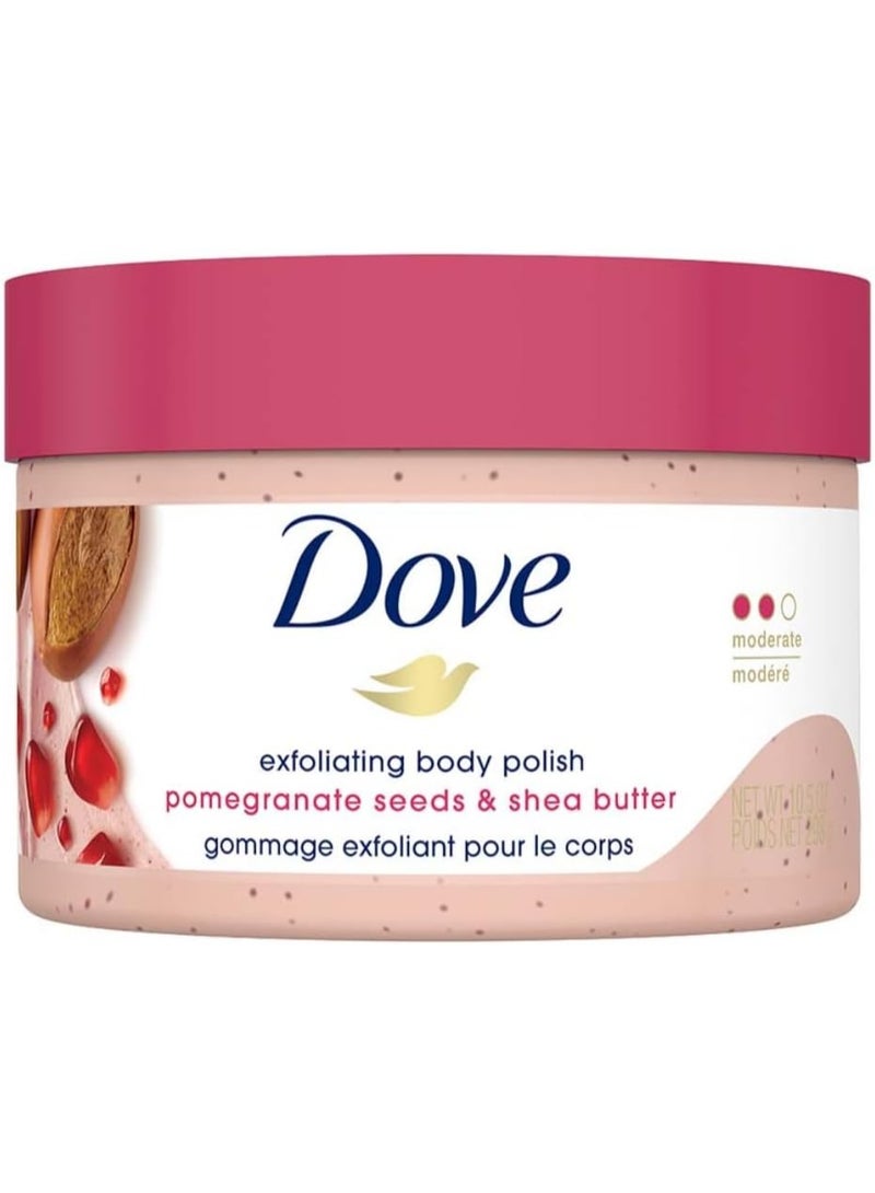 Dove Body Polish Exfoliating Scrub, Moisturizing Shea Butter and Pomegranate Seeds | Nourishes & Conditions Soft Skin | Sulphate Free, 298gm.