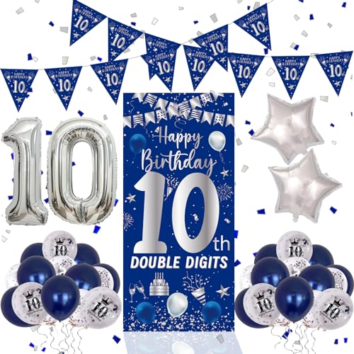 Purtarly 10th Birthday Decorations for Boys Girls Blue Silver Happy 10th Birthday Double Digits Door Banner Decorations Number 10 Foil Balloon Triangle Flag 10 Year Old Bday Party Supplies for Son Daughter - Image 1