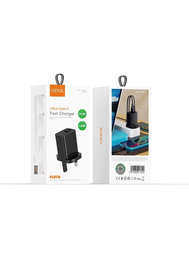 فيديفي شاحن حائط سريع VIDVIE PLB176 بقوة 20 واط مع منفذ Type-C ومنفذ USB-A – لون أسود - Image 3