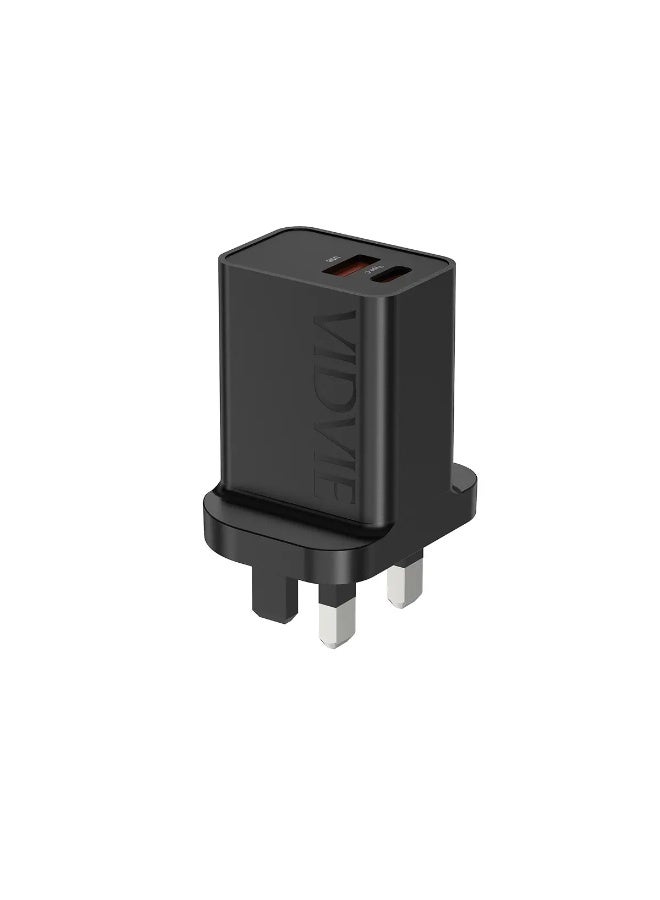 فيديفي شاحن حائط سريع VIDVIE PLB176 بقوة 20 واط مع منفذ Type-C ومنفذ USB-A – لون أسود - Image 2