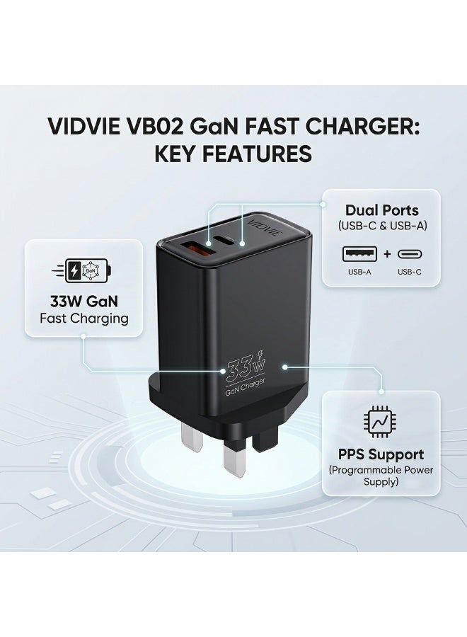 VIDVIE  Fast Wall Charger 33W GaN with Type-C & USB Ports Support PPS - Black - Image 2