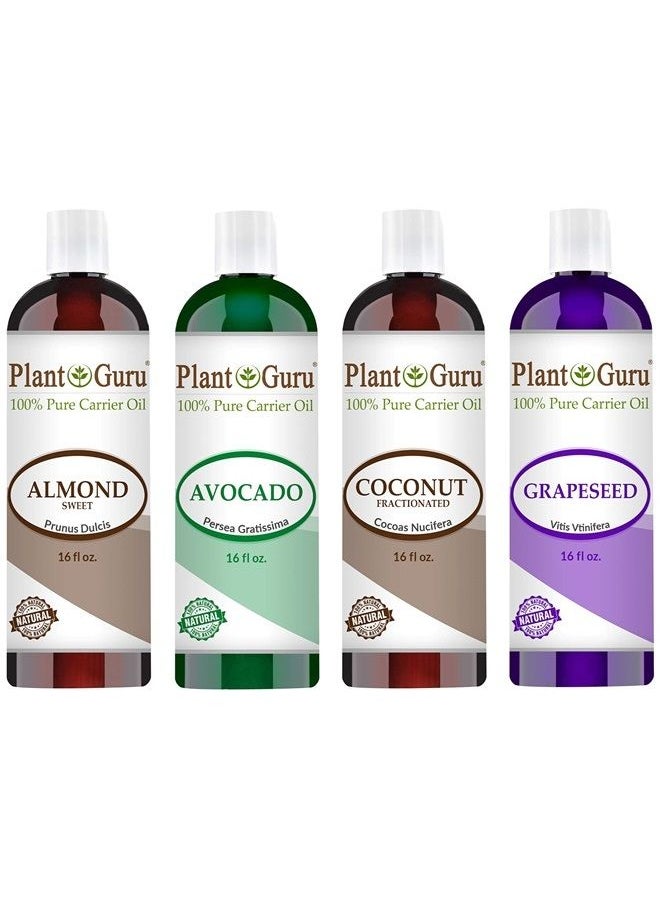 Plant Guru Carrier Oil Variety Set 16 oz Cold Pressed 100% Pure Natural Almond, Avocado, Coconut Fractionated, Grapeseed. For Aromatherapy Essential Oils, Skin & Hair Growth Moisturizer. Perfect for Body Massage  - Image 1