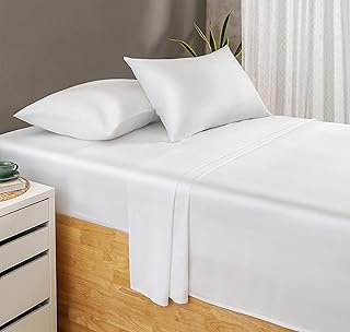 Threadmill Bamboo Queen Sheet Set - Bamboo Sheets for Queen Size Bed, 4 Piece Hotel White - Silky Soft, Cool, - Image 1