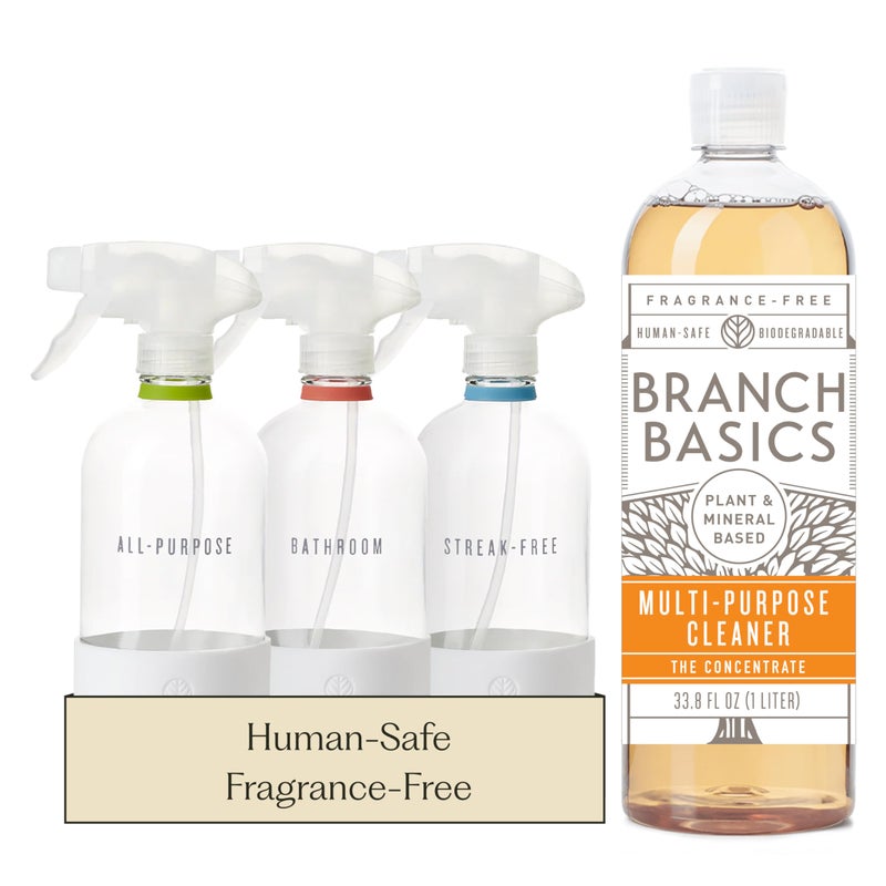 Branch Basics Cleaning Essentials Kit: All Purpose, Glass and Bathroom Cleaner - Concentrate (33.8 Oz) (24 Refills) + Refillable Glass Spray Bottles (16 Oz) Plant Based, Human-Safe, & Fragrance Free - Image 1