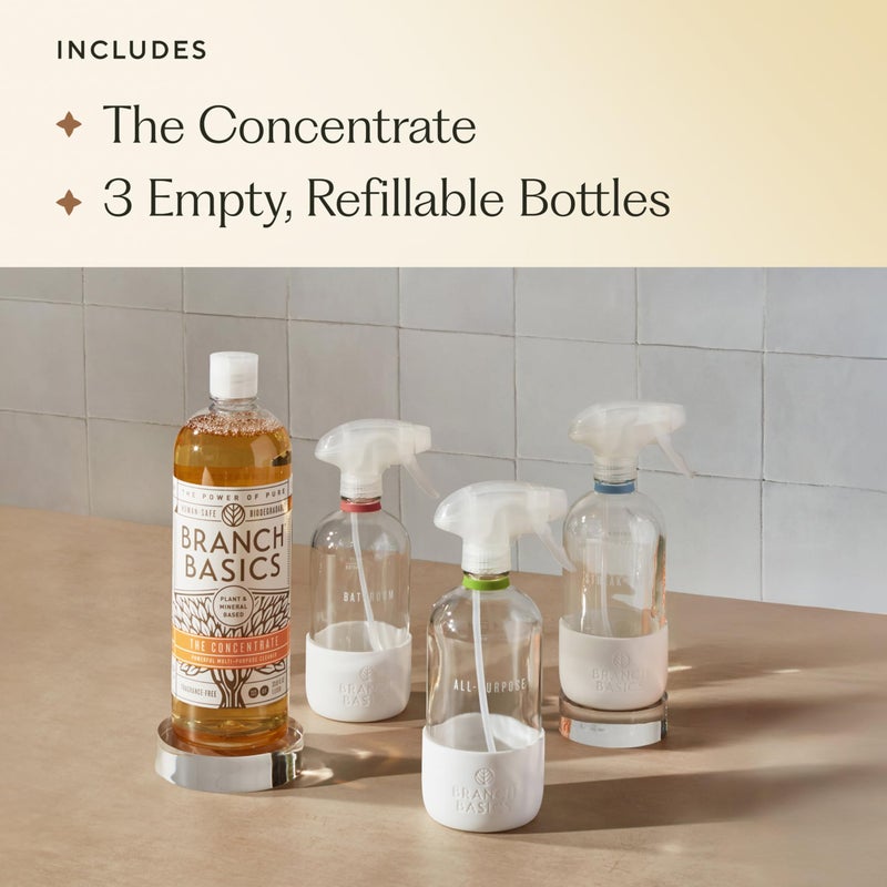 Branch Basics Cleaning Essentials Kit: All Purpose, Glass and Bathroom Cleaner - Concentrate (33.8 Oz) (24 Refills) + Refillable Glass Spray Bottles (16 Oz) Plant Based, Human-Safe, & Fragrance Free - Image 3