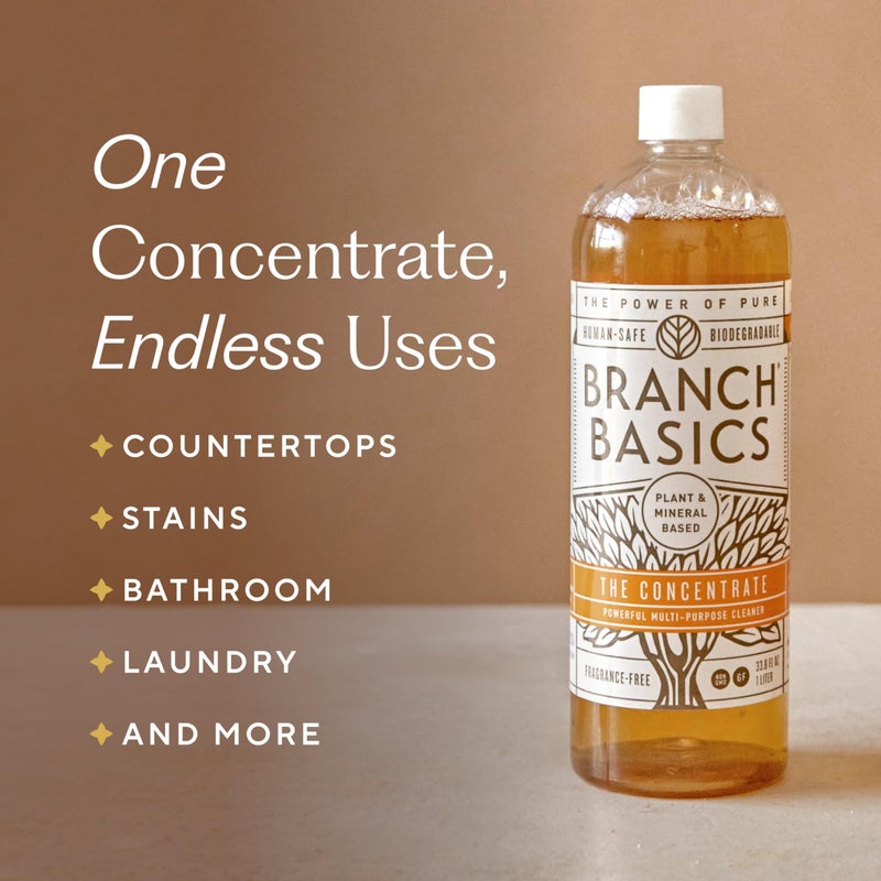 Branch Basics Cleaning Essentials Kit: All Purpose, Glass and Bathroom Cleaner - Concentrate (33.8 Oz) (24 Refills) + Refillable Glass Spray Bottles (16 Oz) Plant Based, Human-Safe, & Fragrance Free - Image 4