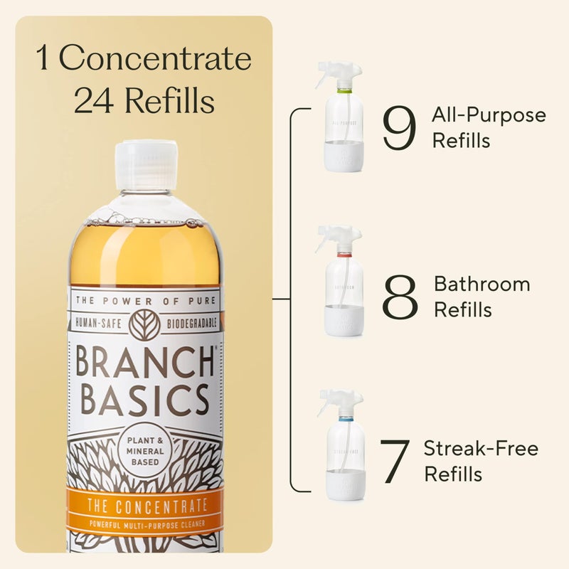 Branch Basics Cleaning Essentials Kit: All Purpose, Glass and Bathroom Cleaner - Concentrate (33.8 Oz) (24 Refills) + Refillable Glass Spray Bottles (16 Oz) Plant Based, Human-Safe, & Fragrance Free - Image 2