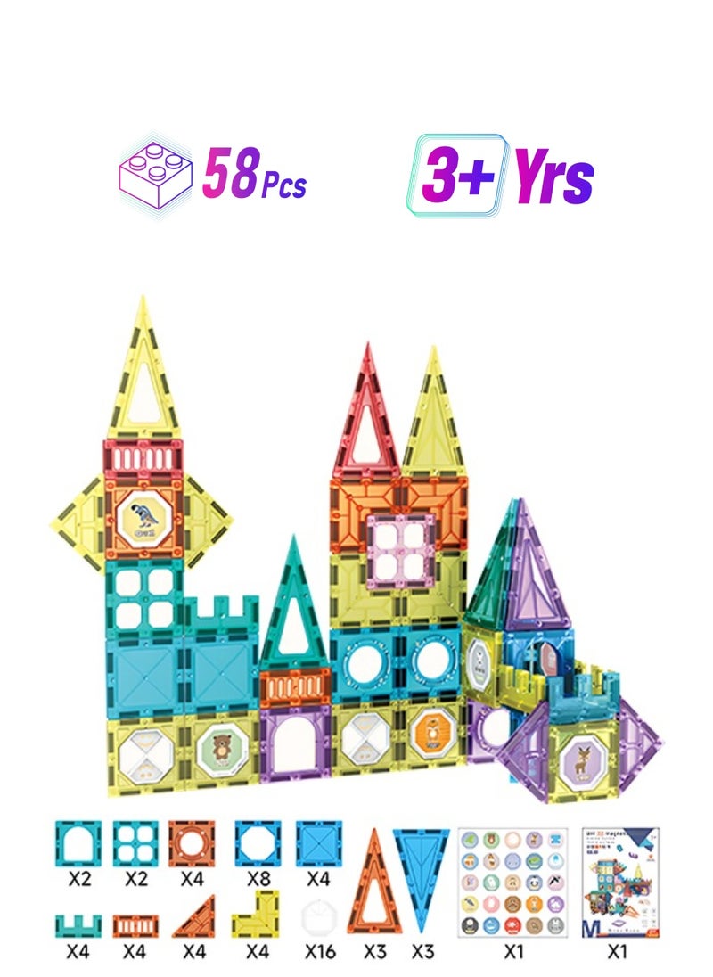 58pcs Magnetic Building Blocks, Magnetic Building Tiles with Stickers, Perfect Educational Growth Toys for Boys and Girls  - Image 1