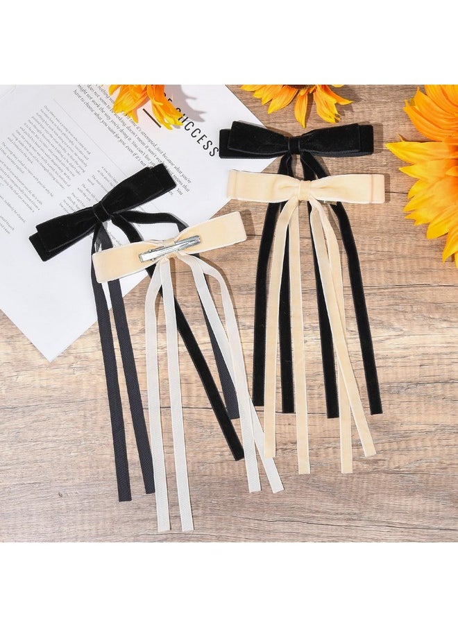 Aileam - 4Pcs Velvet Hair Bows Ribbon Hair Clip Black Beige Ponytail Holder Accessories Slides Metal Clips Barrettes Girls Toddlers Teens - Image 1