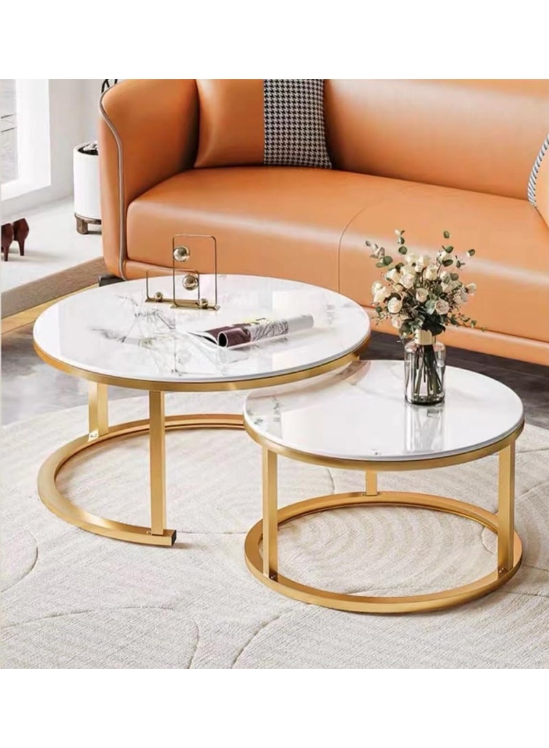 DubaiGallery Round Nesting Coffee Table Set of 2 Stacking Coffee Table Living Room Round Nested End Table Side Table Look Density board Sofa Side Nest of Tables Metal Frame Home Decor Sets - Image 1