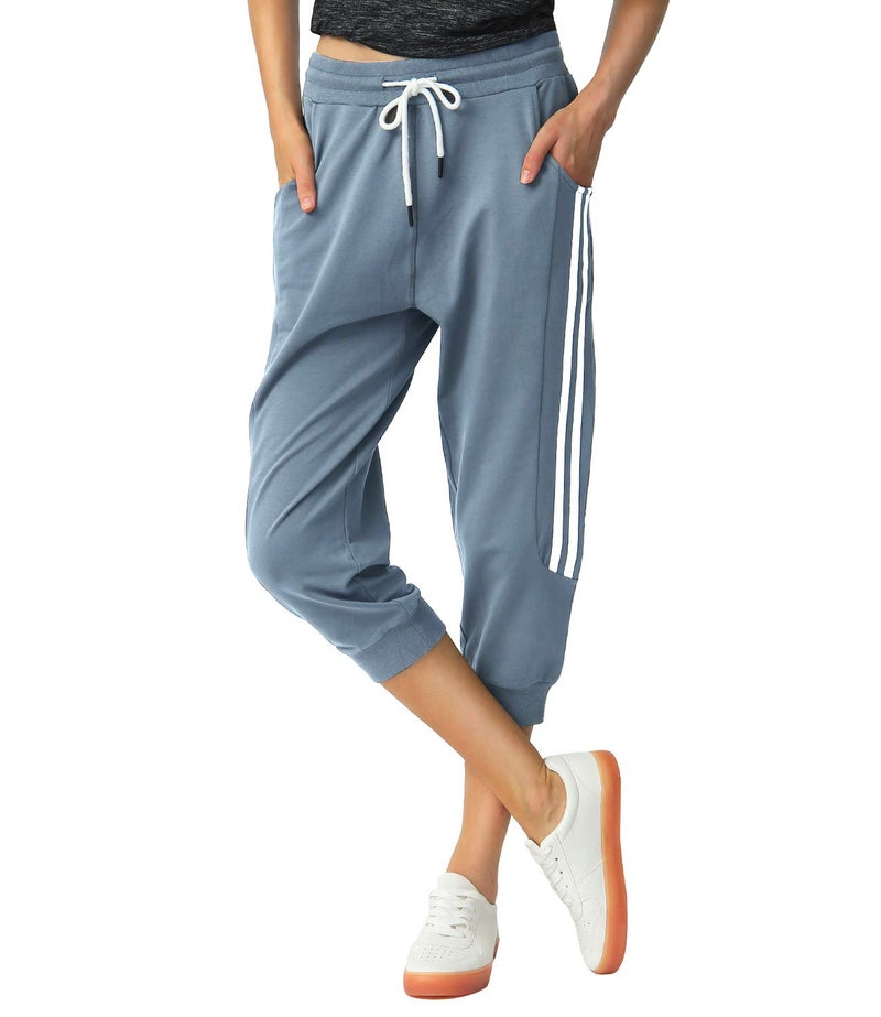 SPECIALMAGIC Women's Capri Pants Cropped Joggers with Pockets Elastic Waist Drawstring Capri Sweatpants Steel Blue Medium - Image 1