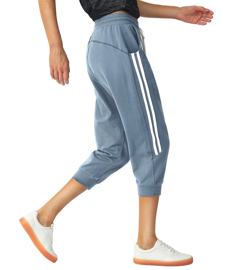 SPECIALMAGIC Women's Capri Pants Cropped Joggers with Pockets Elastic Waist Drawstring Capri Sweatpants Steel Blue Medium - Image 3