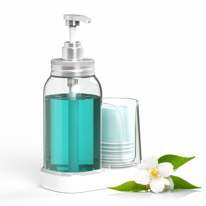 Luvan Luvan Mouthwash Dispenser for Bathroom 25oz Mouthwash Pump Bottle with Cup Holder Refillable Clear Blue Mouth Wash Container for All Age Groups Large Capacity Bathroom Mouthwash Holder Set