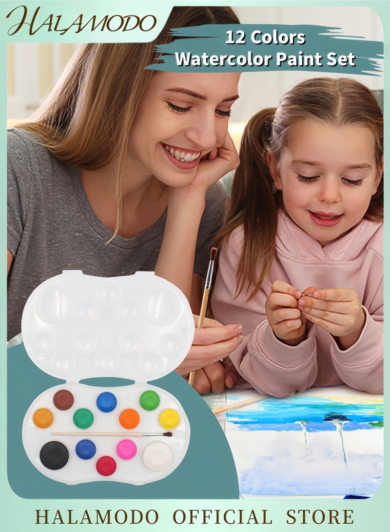 HALAMODO Watercolor Paint Set for Kids 12 Colors with Brushes Washable Watercolor Set Perfect for Kids Artists Classroom and Painting Parties - Image 1