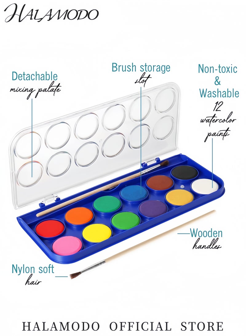 HALAMODO Watercolor Paint Set for Kids 12 Colors with Brushes Washable Watercolor Set Perfect for Kids Artists Classroom and Painting Parties - Image 3