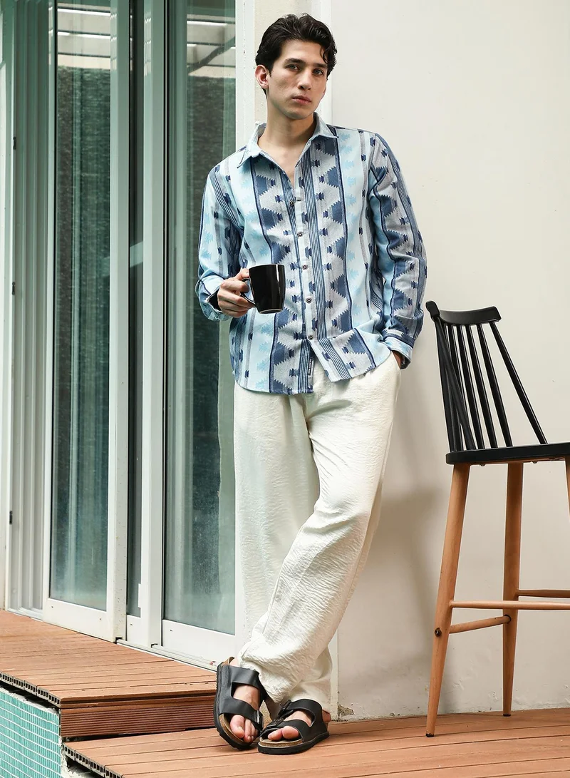 CAHOOT  Men's Blue Geometric Pattern Cotton Polyester Blend Full Sleeve Shirt for Men | Best Price UAE