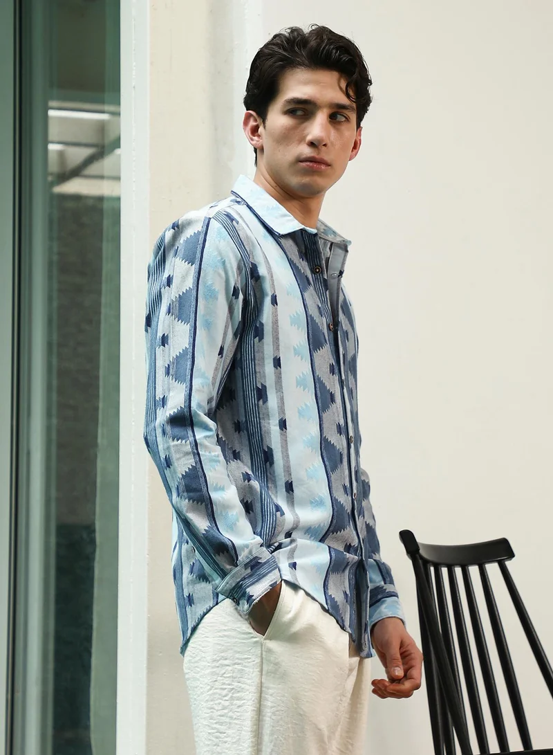 CAHOOT  Men's Blue Geometric Pattern Cotton Polyester Blend Full Sleeve Shirt for Men | Best Price UAE