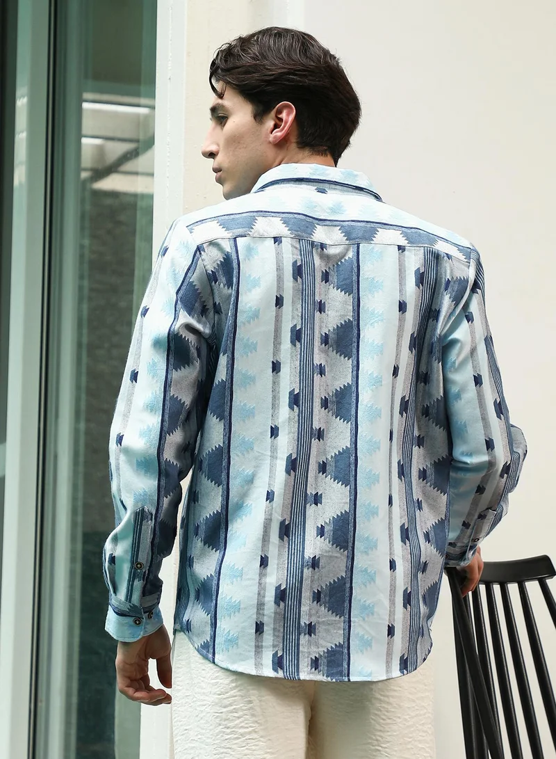 CAHOOT  Men's Blue Geometric Pattern Cotton Polyester Blend Full Sleeve Shirt for Men | Best Price UAE