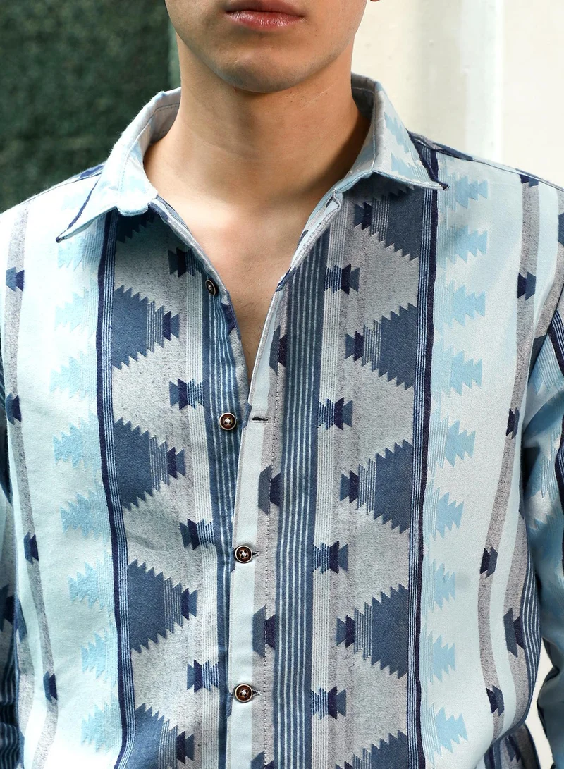 CAHOOT  Men's Blue Geometric Pattern Cotton Polyester Blend Full Sleeve Shirt for Men | Best Price UAE