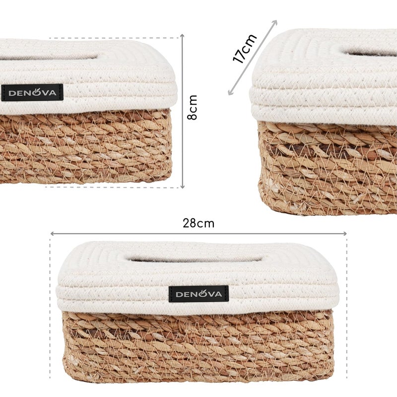 DENOVA Cotton Tissue Box Holder, Handcrafted Tissue Container for 100 Pulls Paper Towel Dispenser for Office Living Bedroom Car Desk Dining Table Home Decor (Rectangle, Seagrass + Cream) - Image 3
