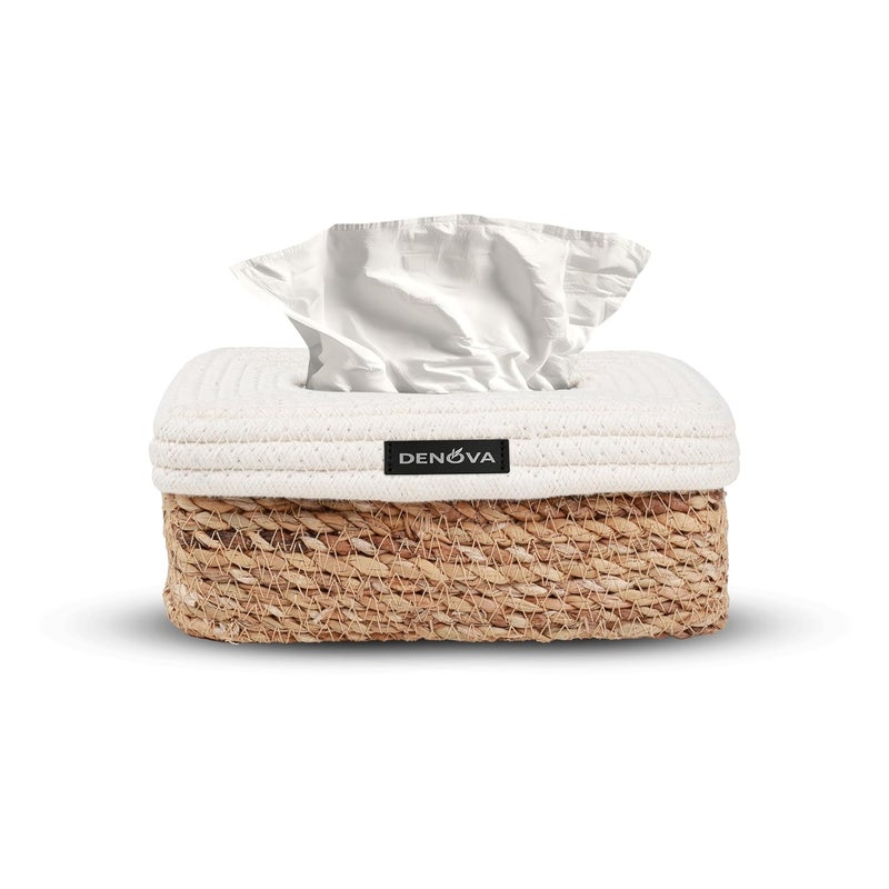 DENOVA Cotton Tissue Box Holder, Handcrafted Tissue Container for 100 Pulls Paper Towel Dispenser for Office Living Bedroom Car Desk Dining Table Home Decor (Rectangle, Seagrass + Cream) - Image 1