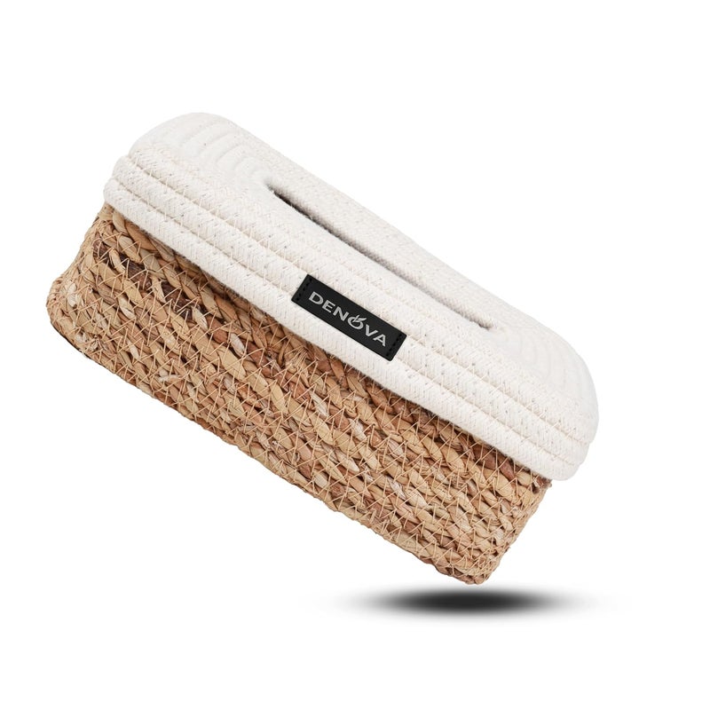 DENOVA Cotton Tissue Box Holder, Handcrafted Tissue Container for 100 Pulls Paper Towel Dispenser for Office Living Bedroom Car Desk Dining Table Home Decor (Rectangle, Seagrass + Cream) - Image 2
