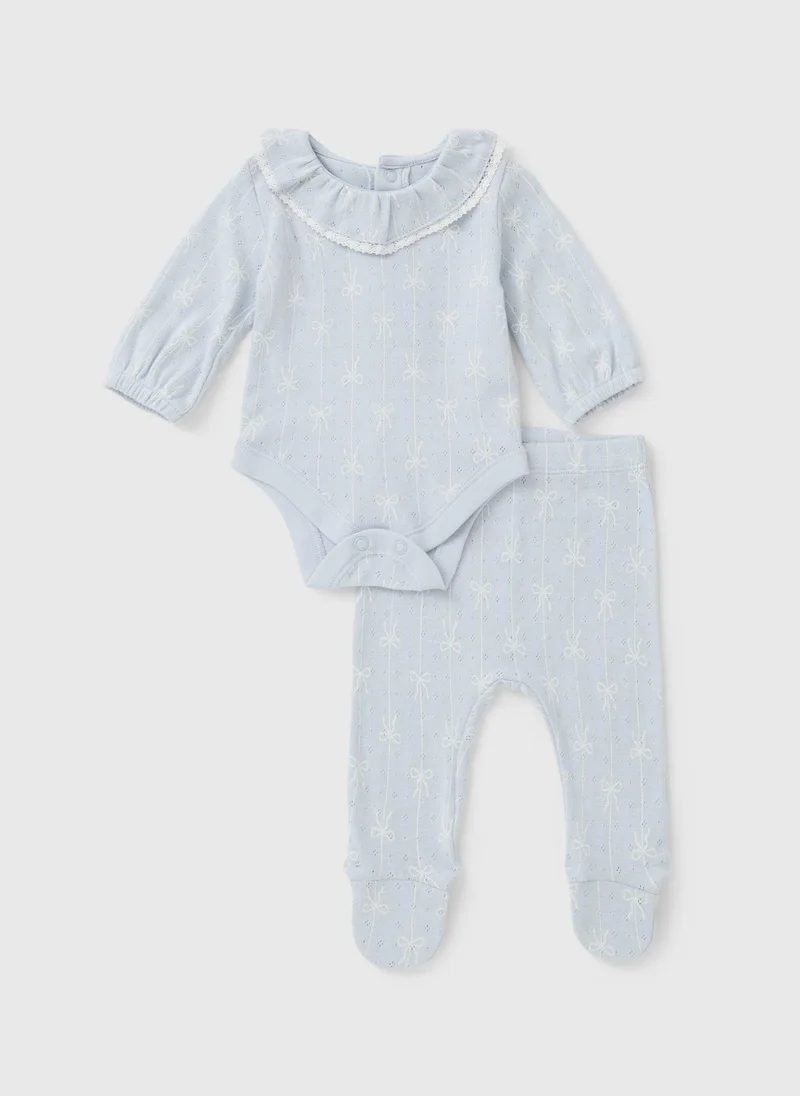Matalan Baby Blue Bow Frill Collar Bodysuit & Leggings Set