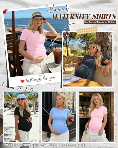 Huukeay 4 Pack Womens Maternity Shirts Crew Neck Maternity Top Short Sleeve Casual Cotton Tee Side Ruched Pregnancy ClothesBlack Pink Light Blue Dark GrayLarge - Image 3