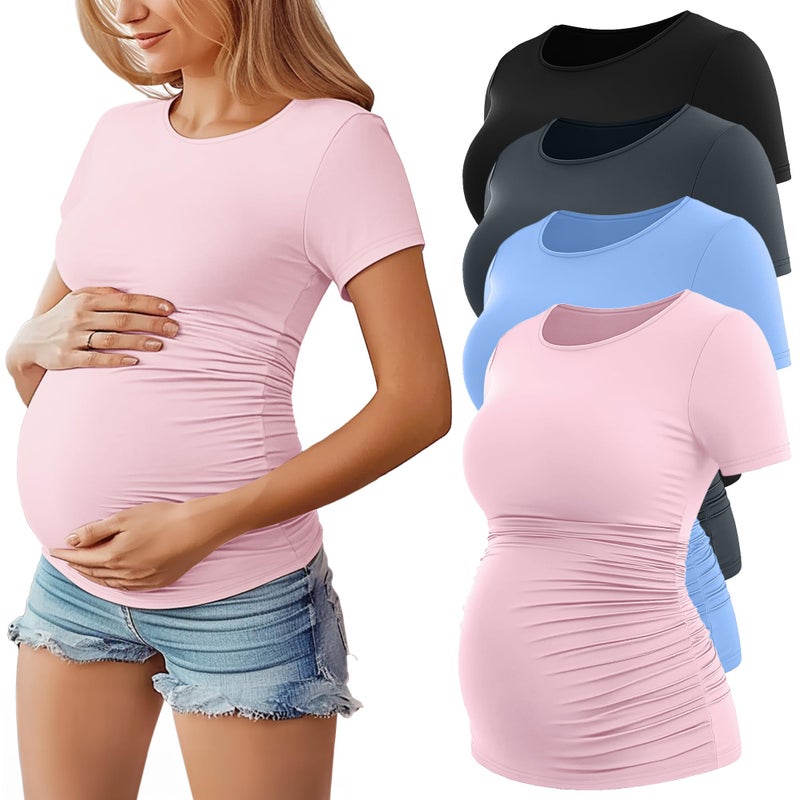 Huukeay 4 Pack Womens Maternity Shirts Crew Neck Maternity Top Short Sleeve Casual Cotton Tee Side Ruched Pregnancy ClothesBlack Pink Light Blue Dark GrayLarge - Image 2