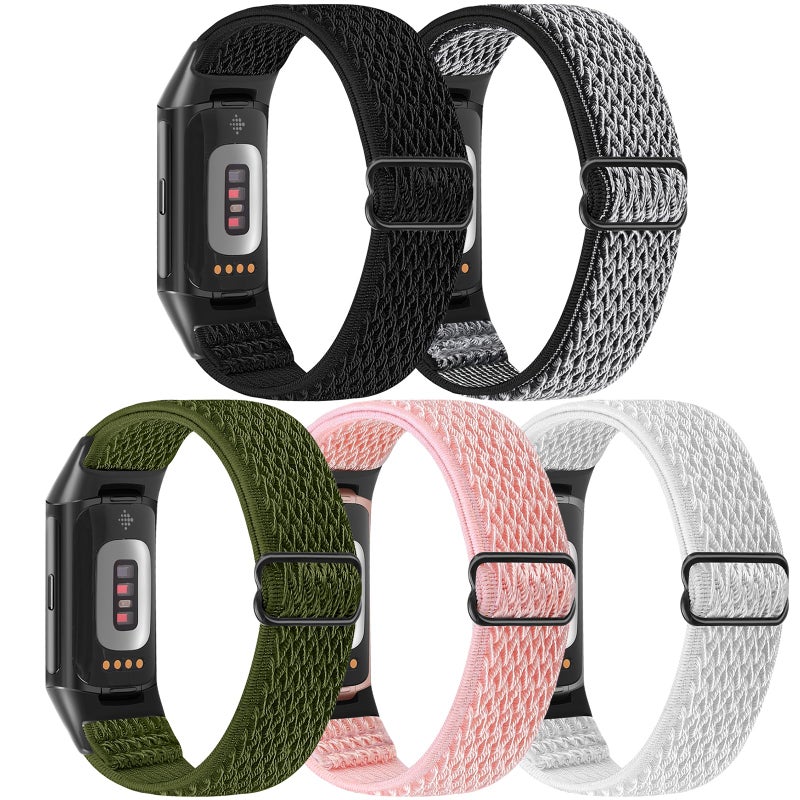 Bcuckood 5 Pack Elastic Nylon Watch Bands Compatible for Fitbit Charge 6/Fitbit Charge 5, Adjustable Breathable Replacement Stretchy Nylon Loop Wristband Sport Strap for Women Men - Image 2